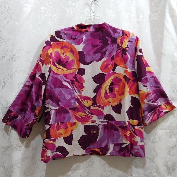 VTG 80s Linen Floral Jacket 3X Peplum Gold Button Mandarin Collar Sunset Rose - Picture 2 of 6